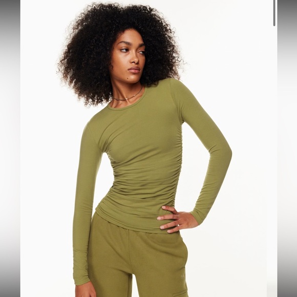 TNA Tops - TNA Aritzia Chill Malibu Olive Green Cotton Long Sleeve Ruched Tee 2XS